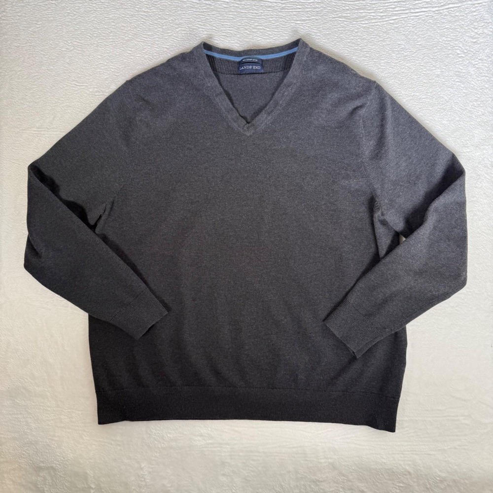 Lands End Mens Black/Gray 100% Supima Cotton V-Neck Sweater Size XL Quiet Luxury